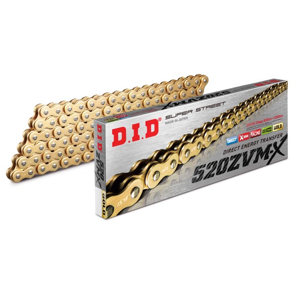 DID X-ring chain 520 ZVMX Chain 120 Links (Gold), Open, with Rivet Link