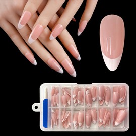 French Tip False Nails - ZAHRVIA Short Almond Press on Nails, Soft Gel Fake Nails, Reusable Semi-Transparent Stick on Nails for Woman (French-Medium Almond)