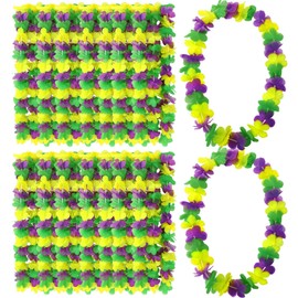 JUNEBRUSHS 24 Pack Mardi Gras Leis, Mardi Gras Garlands Hawaiian Luau Flower Necklaces Mardi Gras Throws Hawaiian Leis Bulk for Mardi Gras Party Favors Decorations