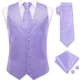 Hi-Tie Light Purple Mens Paisley Suit Vest Tie Set Extra Large Silk Jacquard Formal Dress Waistcoat for Tuxedo Wedding Party Business