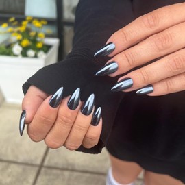 Mirror Metal Black Almond Shaped Chrome Glazed Medium Almond Nails Press On Bling Shiny Plating Acrylic Reusable Fake Stiletto Glue On Nails Medium Length