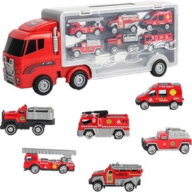 simfort Camiones de Juguete para Niños, Set de Coche de Bomberos 7 en 1, Camion Bomberos Juguete para Niños Mayores de 4 Años,Regalo de Navidad Cumpleaños