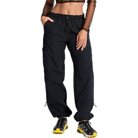 DISCIPBUSH Lightweight Hiking Cargo Pants Women - Parachute Pants for Women Y2K Pants for Girls' Fashion with Pockets Black S
