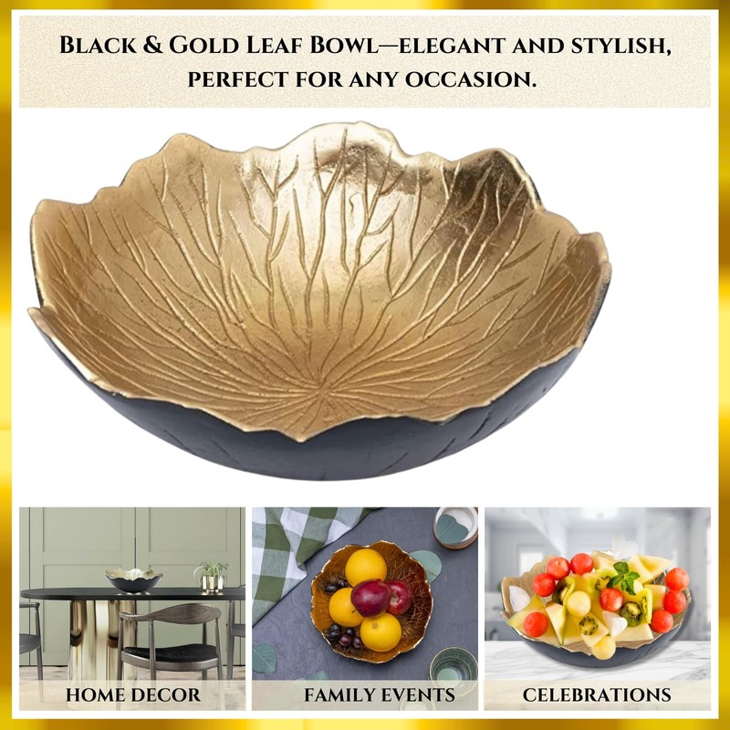 Leaf Bowl for Serving Fruits, Appetizers - Black & Gold