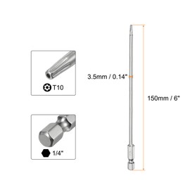 sourcing map T10 Security Torx Bit 1/4" Hex Shank 6" Long S2 Steel Magnetic Tamper Resistant Star Bits Screwdriver Torx Head with Hole for Driver Drill Bits Remove Fastening Screws