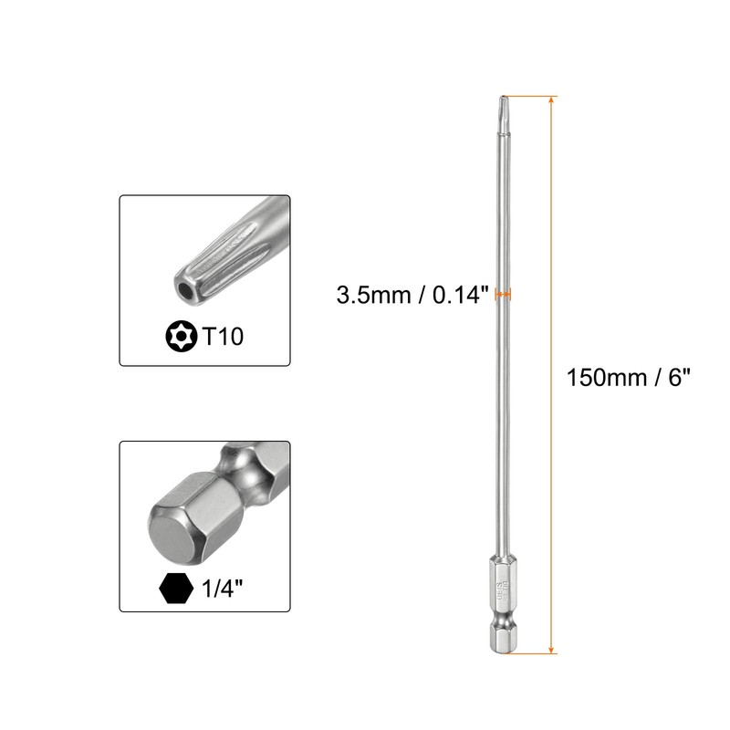 sourcing map T10 Security Torx Bit 1/4" Hex Shank 6"