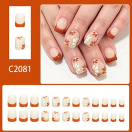 Fall French Tip Press on Nail Short Square Fake Nails Orange Press ones with Flower designs Acrylic Press ones Glitter Stick on Nail Full Cover Glue on Nails for Women Autumn24pcs