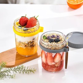 Roysmart Pack of 4 Overnight Oats Jars with Lids, 360 ml Glass Preserving Jars, Measuring Marks, Storage Container with Lid and Spoon, Meal Prep Glasses for Oats, Cereals, Fruit, Milk, Salad, Yoghurt