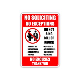 Factory Crafts USA | No Soliciting No Exceptions Sign | Bright Red White Black | Durable High Visibility Weather resistant PVC warning Sign | 7" x 9.8" Exterior/outdoor Sign | Made in the USA