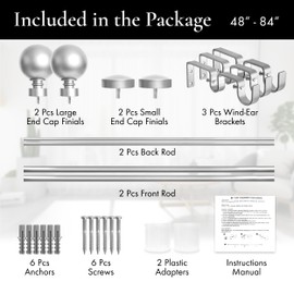 Meriville 1-Inch Diameter Ball Telescoping Double Window Treatment Curtain Rod, 48-Inch to 84-Inch, Satin Nickel