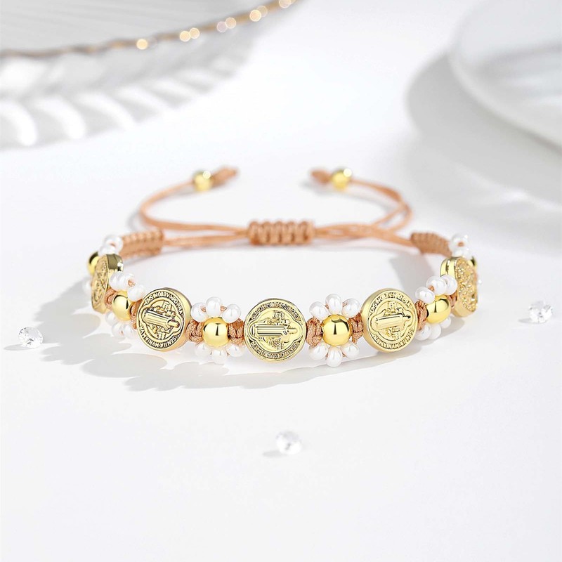 Feyukeu 18K Gold Plated Saint Benedict Medal Bracelet‌ - Adjustable
