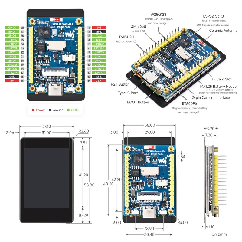 Waveshare ESP32-S3 2 Inch Capacitive Touch Display Development Board, 240