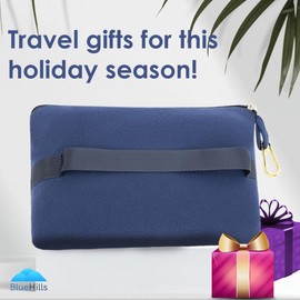 BlueHills Travel Blanket Pillow Compact Lightweight Pocket Size Airplane Traveling Essential Flight Trip Throw in Bag Portable Case Plane Accessory Navy Blue L04