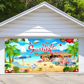8X7Ft Hello Summer Beach Garage Door Cover Banner Decorations Backdrop Summer Hawaiian Flamingo Pool Party Beach Garage Outdoor Wall Cover Decoration Hanging Backdrop Holiday Party Decor Background