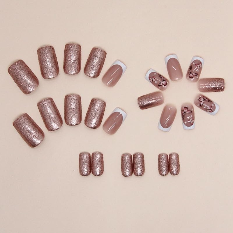 Press on Nails Medium Short Square Coffin Nude White Pink