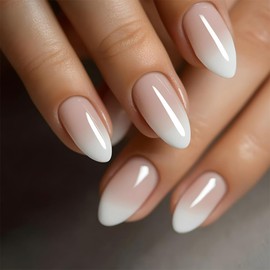 30Pcs Short Almond Press on Nails French Tip Fake Nails with White Nude Gradient Designs Gloss Glue on Nails Full Cover False Nails Cute Natural Acrylic Stick on Nails for Women Girls