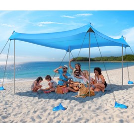 Rhino Valley Beach Tent Sun Shelter, 10×10FT Beach Canopy Tent Sun Shade UPF50+ Protection with 8 Sandbags 4 Stability Poles, Outdoor Beach Shade Canopy 6-8 People for Beach Camping Fishing, Blue