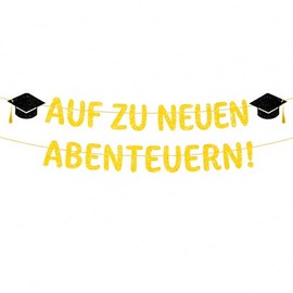 Auf zu neuen Abenteuern! Graduation Deko Glitzer Schwarz mit Absolventenhut Motiven,2026 ABI Deko für Abschlussfeiern, Prüfung & Feierlichkeiten (Golden)