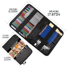 ELEAZAR 52 Sketching Set - Professional art supplies of sketching pencils and watercolor pencils - Includes colored pencils, metal pencils, charcoal pencils - Great for beginners, adults and teens