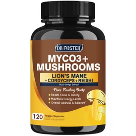 DRFOSTER Lions Mane Supplement Capsules - MYCO3+ Mushrooms with Cordyceps, Reishi & Ginkgo Biloba for Brain & Energy - 120 Caps