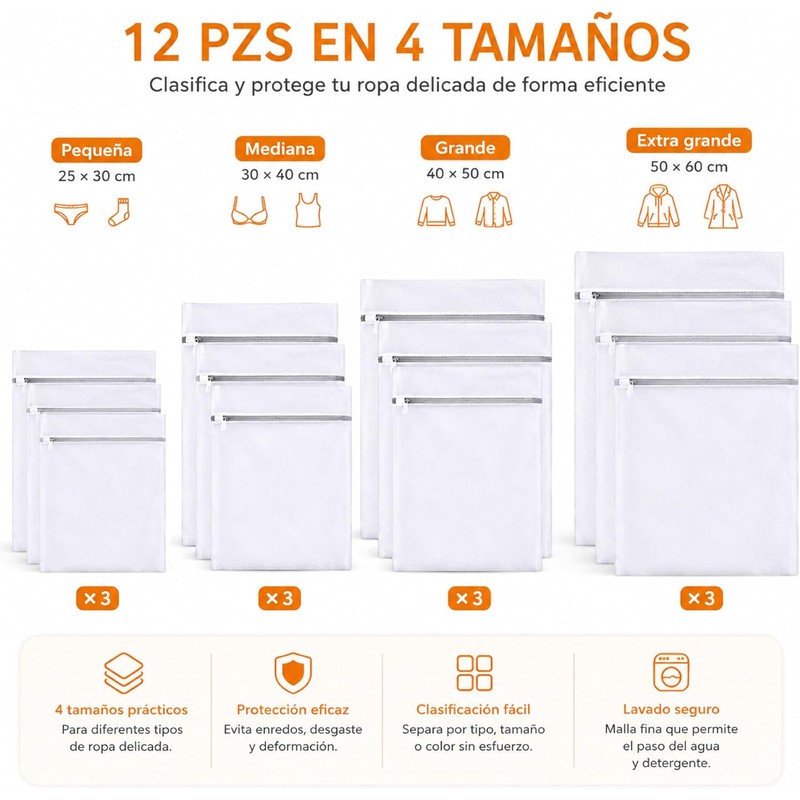 Bolsas para Lavar Ropa, 12 Piezas con Cremallera, 4 Tamaños
