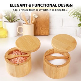 Timtopno Bamboo Salt Cellar, 2 PCS Salt Container with Built-in Spoon, Salt Box Bowl with Magnetic Swivel Lid, Elegant Kitchen Salt Holder Saver Jar to Storage Pepper Spice Sea Salt for Countertop