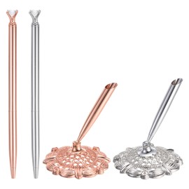 PATIKIL 2Pcs Hollow Round Pen Holder Signing Pen Set, Wedding Pen with Crystal Diamond and Pen Holder for Wedding Guests Book Engagement Opening Ceremony, Silver, Rose Gold