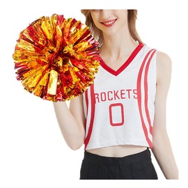 SHTGOI Pack of 2 Cheerleading Pompoms Metal Foil Cheerleading Pom Poms with Ring Cheerleader Hand Flowers Cheers Flower Ball for Sports Events Ball Games Dances Carnival Parties Red + Gold
