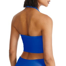 Halter Sports Bra Longline Open Back Workout Top Ribbed Crop Tank Tops with Built in Bra Gym Yoga Push Up Deep Blue