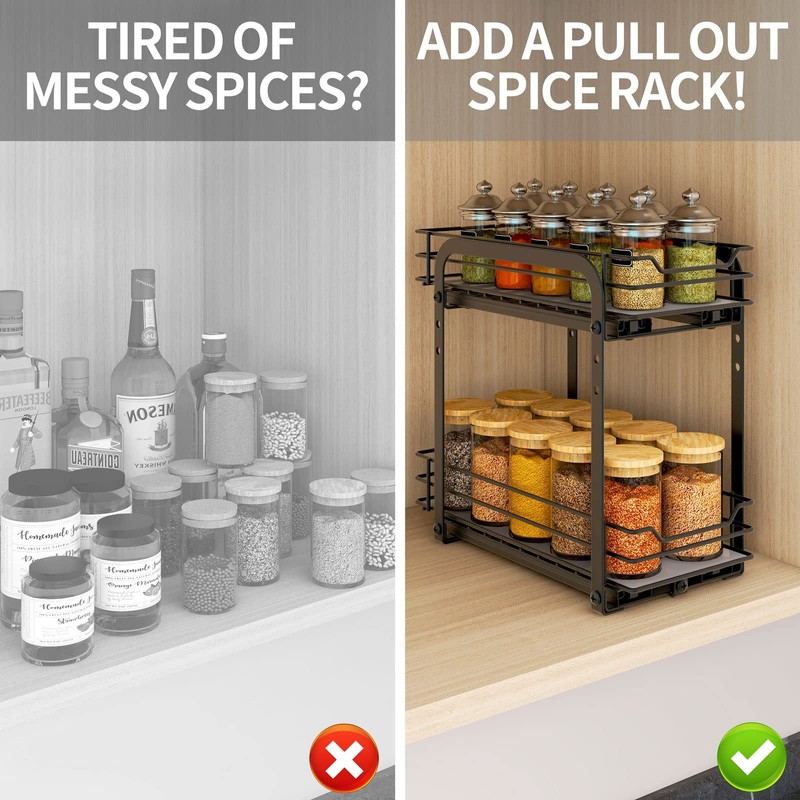BOIVSHI Spice Rack Organizer for Cabinet, 2 Tier Pull Out
