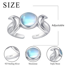 DRINSPER Hecate Triple Moon Ring for Women 925 Sterling Silver Witchy Moonstone Gemstone Rings Adjustable Open Hekate Goddess Ancient Greek Mythology Magic Amulet Jewelry Gift