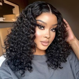 Bob Wig Human Hair 220% Density 13x4 Deep Wave Lace Front Wigs Human Hair Curly Wigs for Black Women Short Bob Wigs Wet and Wavy Glueless Transparent Lace Frontal Wig Natural Hairline 16 Inch