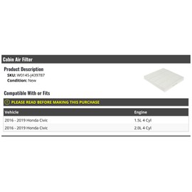 Cabin Air Filter - Compatible with 2016-2019 Honda Civic