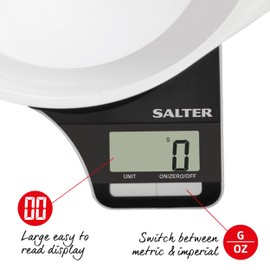 Salter 1089 BKWHDR Measuring Jug Electronic Kitchen Scale, Food/Baking Scale, Dishwasher Safe 1.25L Bowl, Easy Pour, Add & Weigh, Measures Liquids/Fluids, 5 Kg Capacity, Metric/Imperial, White/Black