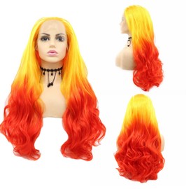 Long Wavy Fire Orange YellowS ynthetic Lace Front Wig Long Wavy Hair – No-Glue Easy Wear, Pre-Plucked Roots, Sweat-Resistant for Cosplay Hallowens Party(24 Inch, Orange Yellow)