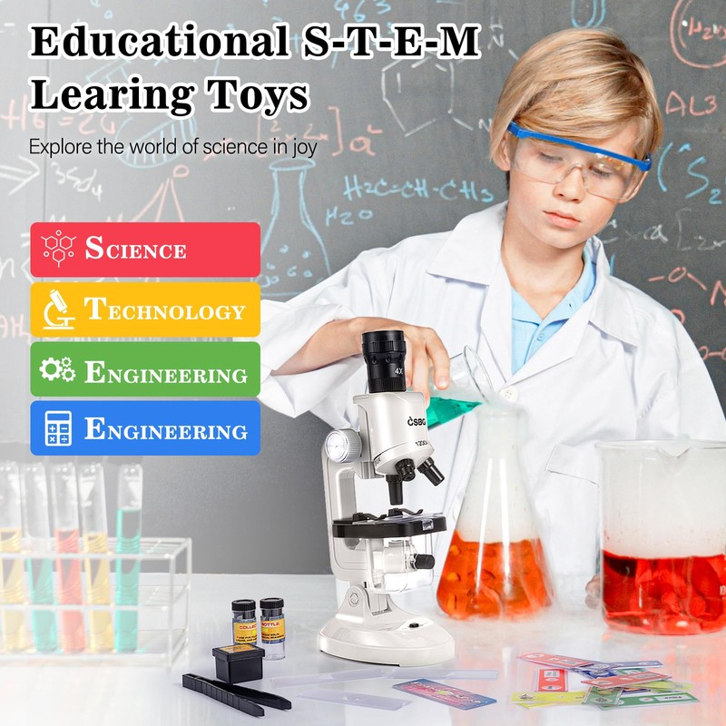 Hesygo Science Kits for Kids Beginner Microscope with LED 100X