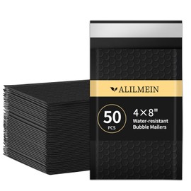 Alilmein 4×8" Inch Black Bubble Mailers 50 Pack Waterproof Padded Envelopes Self Seal Adhesive Shipping Bags for Mailing Cards Jewelry Makeup and Small Business Packaging