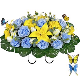 HENOMO Artificial Grave Flowers Saddle,Cemetery Flowers for Gravside Decoration-Blue Rose and Yellow Lily,Easy Fit and Colorfast
