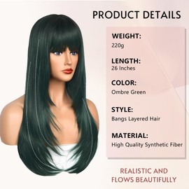 YUCCAHA Synthetic layered Wig with Bangs for Women Wear and Go glueless Wig 26 Inch Middle Part Long Straight Colorful Costume Wigs Heat-Resistant Fiber for Daily Party Use (Ombre Green, 26)