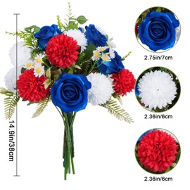 17 Pcs Red White and Blue Flowers Patriotic Artificial Flowers Memorial Flowers for Gravesite 4th of July Silk Chrysanthemum Bouquet for Independence Day Cemetery Decoration Outdoor Floral Arrangement