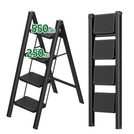 YOUTHCLUB 4 Step Ladder, Carbon Steel Ladder with Anti-Slip Pedal, Lightweight Step Stool Foldable, Stepping Stool ladders for Home, Kitchen, and Office, Load 550 lbs, Black