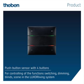Theben 4801414 I LUXORliving iON4 BK I Touch Sensor with 4 Buttons in Black I For KNX Smart Home System LUXORliving I Integrated Temperature Sensor I Button I Switch / Dimmer / Blind