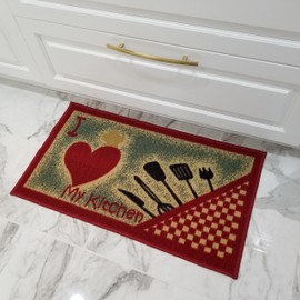Kitchen Rugs and Mats - 39" x 58" (3X5) - Non Skid, Rubber Backing - Love My Kitchen, Heart Utencil Themed - Rectangle Area Rug
