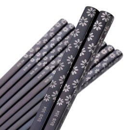 Kitiok 5-Pairs Metal Reusable Sakura Pattern Japan and Korea laser Square Chopsticks Non Slip for Adults Sushi Ramen, 18 10 Stainless Steel Chopsticks Set Dishwasher Safe, Black