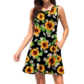 WEACZZY Summer Loose Floral T Shirt Dress for Women Casual Loose Tunic Dress with Pockets,Floral Sunflower,M