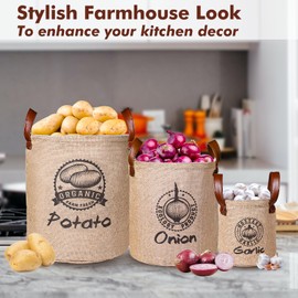 Kamehame Potato and Onion Storage Bag Set of 3, Reusable Potato Storage Container Onion Bag Garlic Keeper, Open-Top Lined Burlap Potato Sacks for Storage