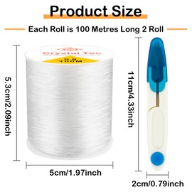 2 Rolls String for Bracelet Making 0.8mm 100 Metres Clear String Elastic for Bracelet Making with 1 Cutter for DIY Jewelry Necklace Making(200 M)