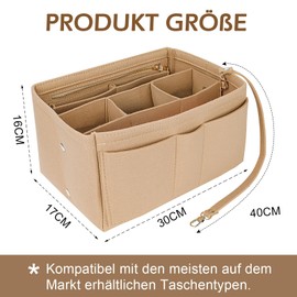 Fuutilake Handbag Organiser, Felt Bag Organiser with Multiple Compartments, Shopper Inner Pocket, Durable Bag Organiser, Shopper with Zip for Handbags, 30 x 17 x 16 cm
