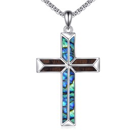 URONE Cross Necklace 925 Sterling Silver Cross Wooden Pendant Necklace with Abalone Shell Cross Jewellery Religious Gifts for Women Men, No Gemstone