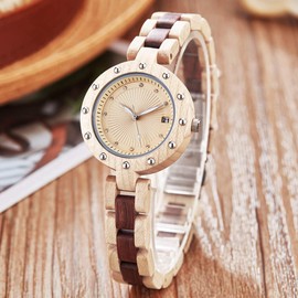 GORBEN Women's Bamboo Wooden Watch with Analog Calendar Display Crystal Elegant Quartz Casual Watches for Ladies